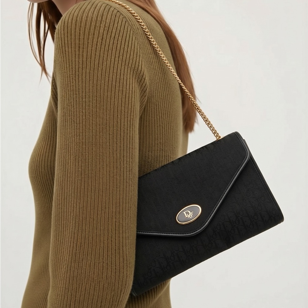 Pre Love Dior monogram Black Clutch with Gold Chain Strap - Picture 1 of 16